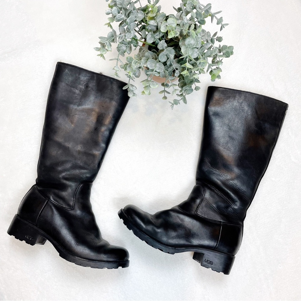 UGG Australia Black Leather Shearling Lined Knee High Boots Black Size 8